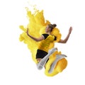 Young girl volleyball player in explosion of yellow colored neon luiquid fluid isolated on white background.