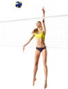 Young girl volleyball player isolated ver with ball and net Royalty Free Stock Photo