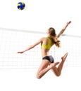 Young girl volleyball player isolated ver with ball and net Royalty Free Stock Photo