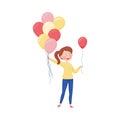 Young Girl Walking Along the Street and Handing Around Balloons Vector Illustration