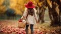 Young girl walking in an apple orchard, carrying a basket of freshly picked apples, AI-generated.