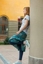 Young girl walking around city with lemonade Royalty Free Stock Photo