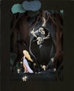 Young girl walking in the dark forest, two trolls or forest spirits watching her. Changeling folklore fairy tale vector