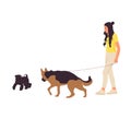 Young girl is walking with a german shepherd.dog on a leash. Isolated on white background. Flat style cartoon stock vector Royalty Free Stock Photo