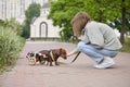 Young girl walking with a handicapped dog on a wheelchair. Pet owner caring for a paralyzed dachshund Royalty Free Stock Photo