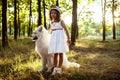 Young girl walking, playing with dog in park at sunset. Royalty Free Stock Photo