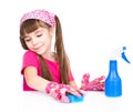 Young girl washes table. isolated on white background