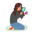 Young girl watching for a butterfly through a magnifier. Vector illustration on white background in cartoon style Royalty Free Stock Photo