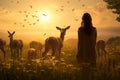 Young girl watching family of deer graze in sunlit meadow. Generative AI Royalty Free Stock Photo