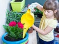 A Young girl watering potted flower plant smiling Royalty Free Stock Photo