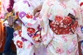 Young girl wearing Japanese kimono standing in front of Sensoji Temple in Tokyo, Japan. Kimono is a Japanese traditional garment. Royalty Free Stock Photo
