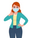Young girl wearing medical mask and showing thumbs up sign. Woman covering face protection from virus epidemic and gesturing hand Royalty Free Stock Photo