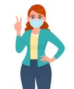 Young girl wearing medical mask and showing victory, peace sign. Trendy woman covering face protection from epidemic and gesturing Royalty Free Stock Photo