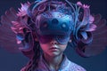 Young girl wearing VR virtual reality headset. Futuristic portret. Neon lghts. Generative AI