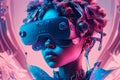 Young girl wearing VR virtual reality headset. Futuristic portret. Neon lghts. Generative AI