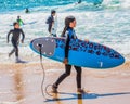 Young girl in wetsuits with a surfboard on a sunny day at the beach