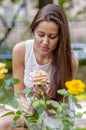 Young girl in a white dress in a summer park smelling a rose Royalty Free Stock Photo