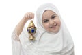 Young Girl in White Hejab with Ramadan Lantern Royalty Free Stock Photo