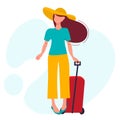 A young girl in a wide-brimmed hat and trousers travels. Goes on vacation with suitcases