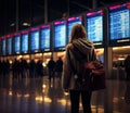 A young girl in winter clothes stands in front of the scoreboard at the airport. Generated by AI