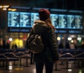 A young girl in winter clothes stands in front of the scoreboard at the airport. Generated by AI