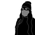 Young girl in winterwear and mask character silhouette illustrated on white background, vector illustration of flat characters in