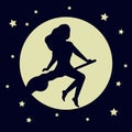Young girl witch silhouette sits on broom and flies, Halloween holiday. Woman in red dress on broomstick. Vector illustration