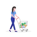 Young girl woman pushing supermarket shopping cart Royalty Free Stock Photo