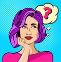 Young girl or woman with a question mark. Pop art vector illustration.