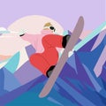 Young girl, woman Snowboarder jumping vector art. Royalty Free Stock Photo