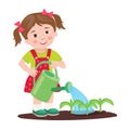 Young girl working in the garden. Garden watering.