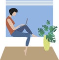 A young girl works on a laptop at home, sitting on a windowsill. On the carpet is a vase with a monstera.