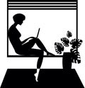 A young girl works on a laptop at home, sitting on a windowsill. On the carpet is a vase with a monstera. ?artoon. Silhouette
