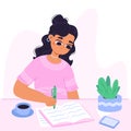 Young girl write diary, cartoon author with notepad. Cute female student studying at desk with notebook and coffee