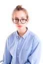 Young girl writer wearing blue shirt and big glasses