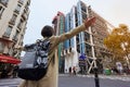 Young girl in yellow jacket in front of the Pompidou Center in Paris Royalty Free Stock Photo