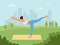 Young girl in yoga pose on open air. Exercise in a city park, trees and town on the background. Healthy lifestyle