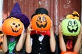 Young girls and boy in halloween costumes Royalty Free Stock Photo