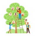 Young girls and boys make up family tree. Man on ladder, woman hold photo. Parent and children portrait. Representation