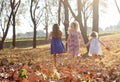 Young girls children kids playing running in fallen autumn leave Royalty Free Stock Photo