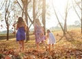 Young girls children kids playing running in fallen autumn leave Royalty Free Stock Photo