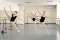 Choreographed dance by a group of graceful pretty young ballerinas practicing during class before performance. Royalty Free Stock Photo