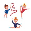 Young girls doing gymnastics. Gymnast with a ribbon doing twine and stretching