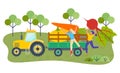 Young girls farmers put big vegetables inside cart of tractor, farming crop, fresh, organic