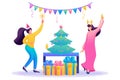 Young girls have fun near the Christmas tree, drink champagne. Flat 2D character. Concept for web design