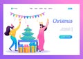 Young girls have fun near the Christmas tree, drink champagne. Flat 2D character. Landing page concepts and web design