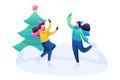 Young girls have fun at the rink, skating, winter entertainment. Flat 2D character. Concept for web design