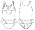 Young Girls One piece Swimsuit fashion flat sketch template. Flower detail at back. Swimwear Technical Fashion Illustration. Small