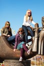 Young girls relaxing on the city street