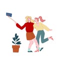 Young Girls Relaxing, Making Selfie on Smartphone for Post in Internet Networks. Women Visiting Cafe, Female Characters